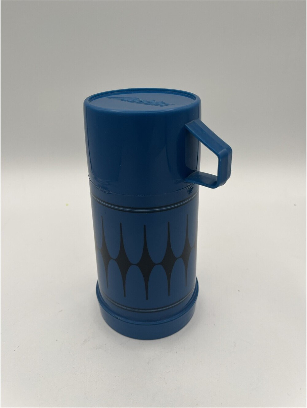 Vintage Thermos 1970s Aladdin Blue With Black Diamonds 7" Half Pint Plastic Soup